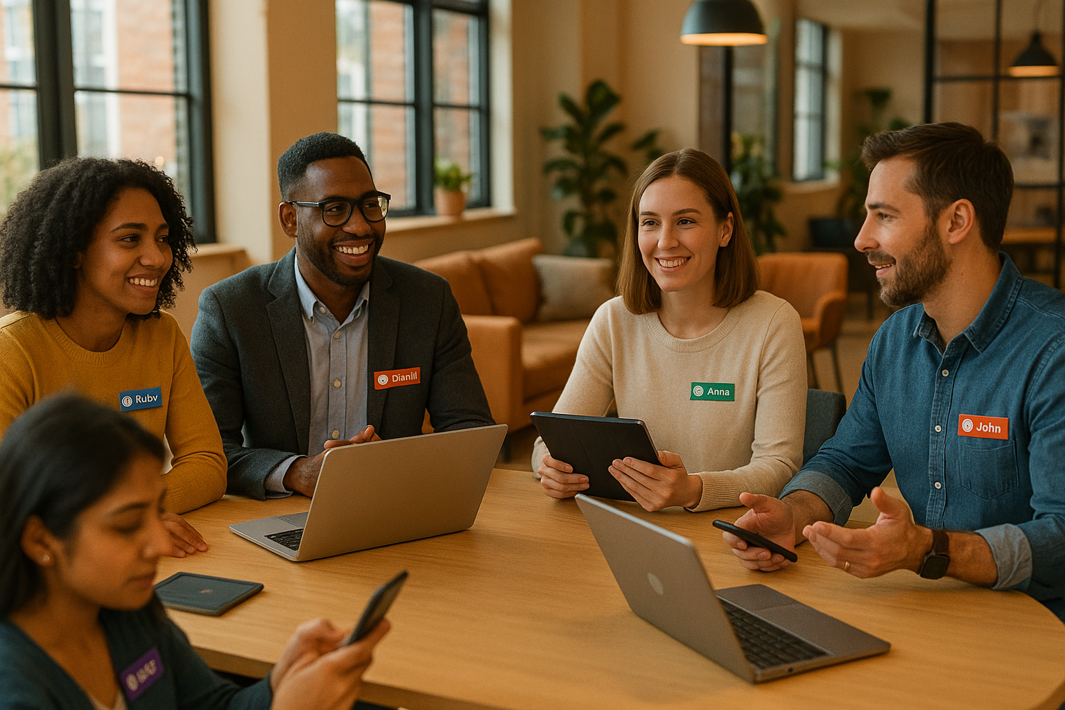 Team of professionals wearing colorful name tags while collaborating in a modern office space.