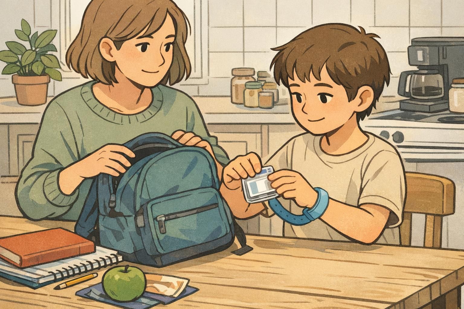 Parent and child packing a backpack while choosing safe badge gear, using a clear ID holder attached to a soft silicone wristband.