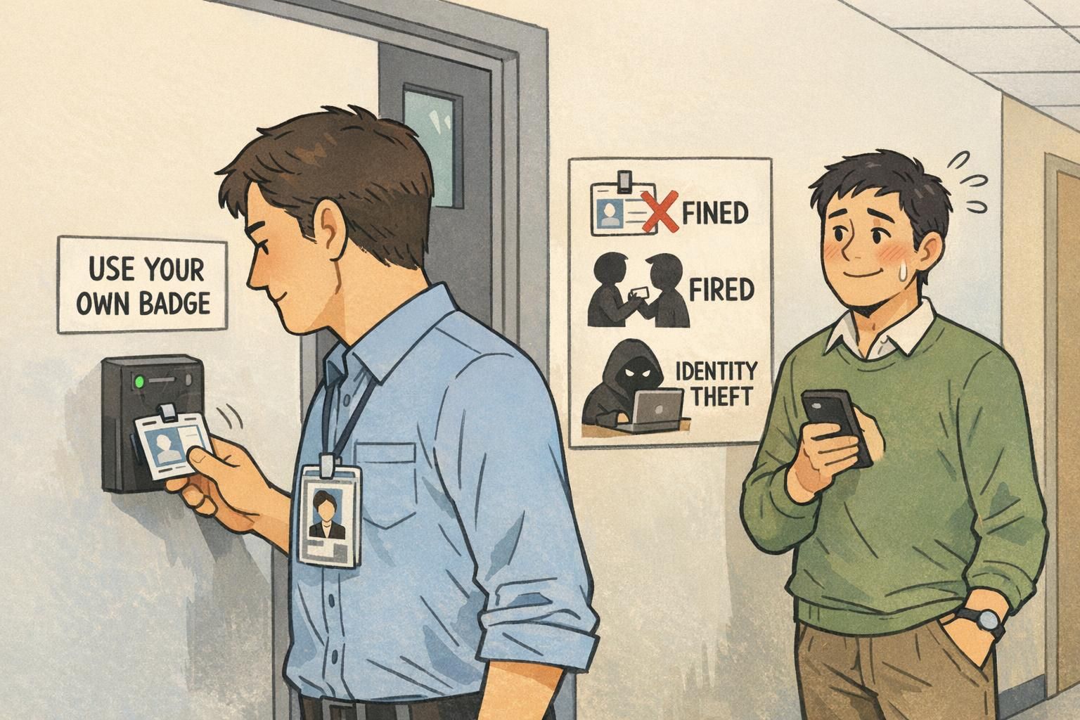 At a secure door, an employee taps their own ID badge at the card reader while a coworker waits behind them, showing why badge sharing risks matter.