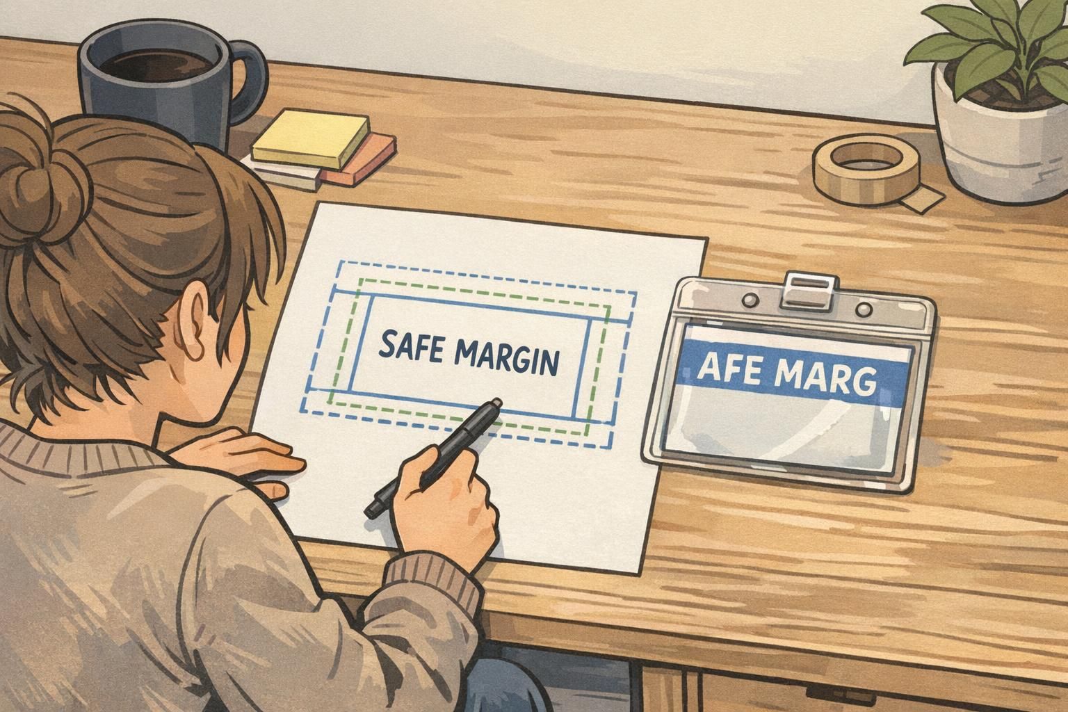 A designer reviews a badge layout with safe margins next to a clear holder frame to show how the border can crop logos near the top edge.