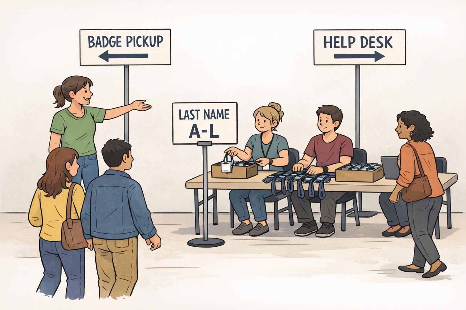 A badge pickup flow layout with a greeter directing people into separate badge pickup and help desk lines to prevent backups.