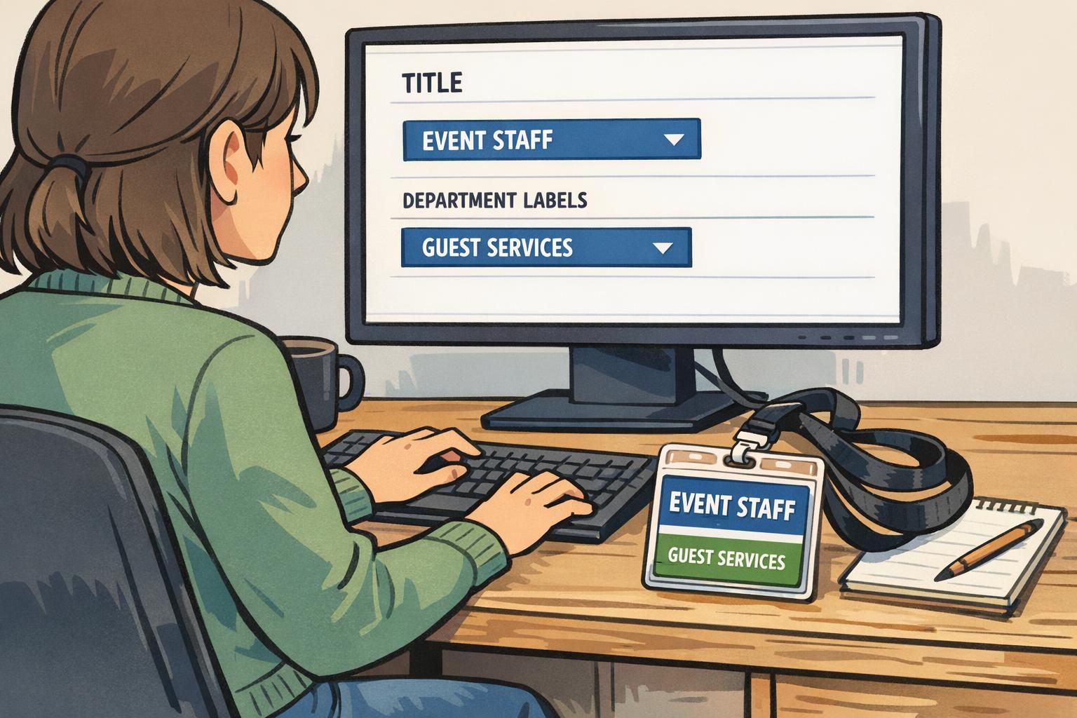 An operations coordinator selects standardized title and department labels from a computer form while an event badge on the desk matches the chosen wording.