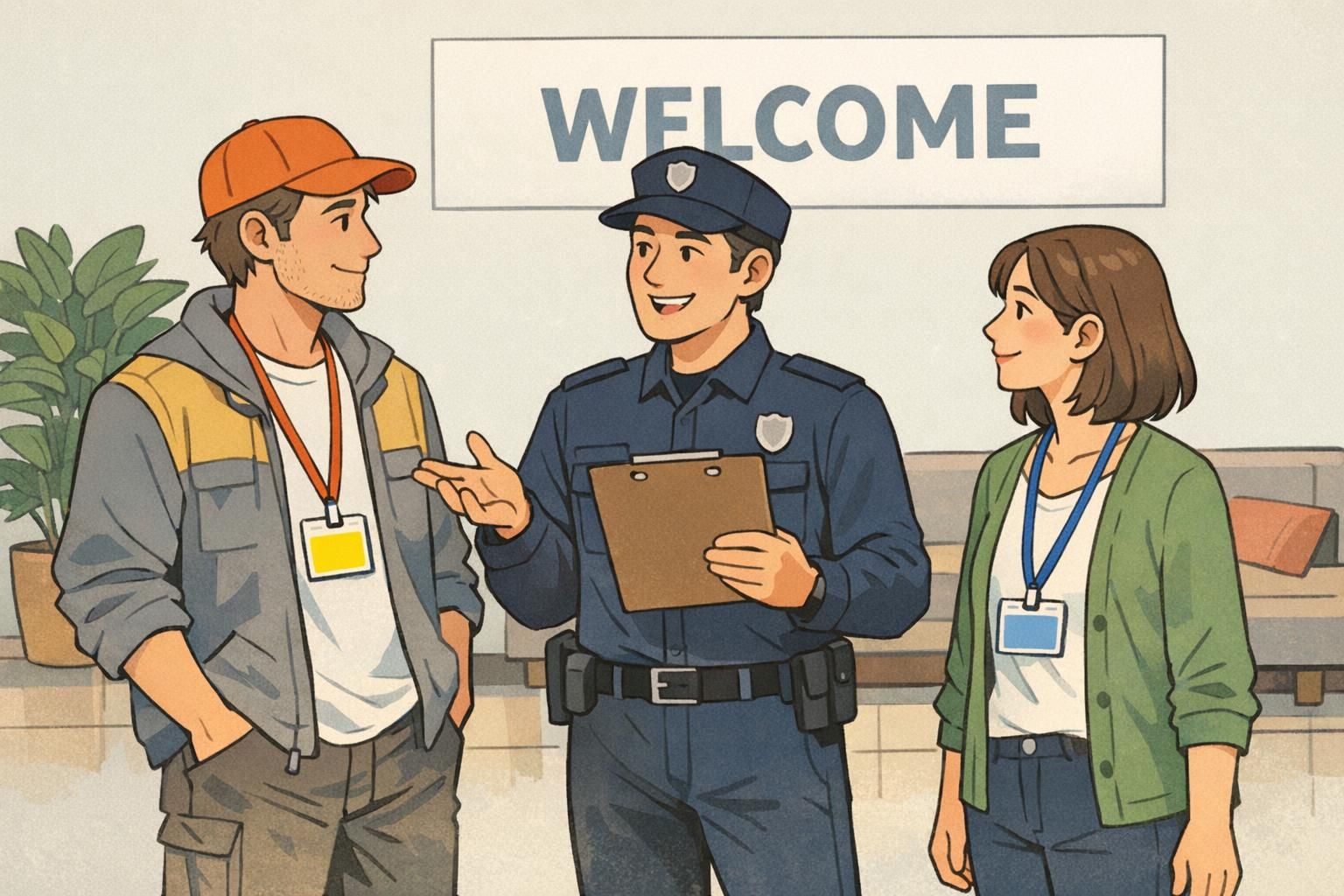 Lobby security conversation with a visitor and contractor wearing different colored badge backers to support quick access checks.