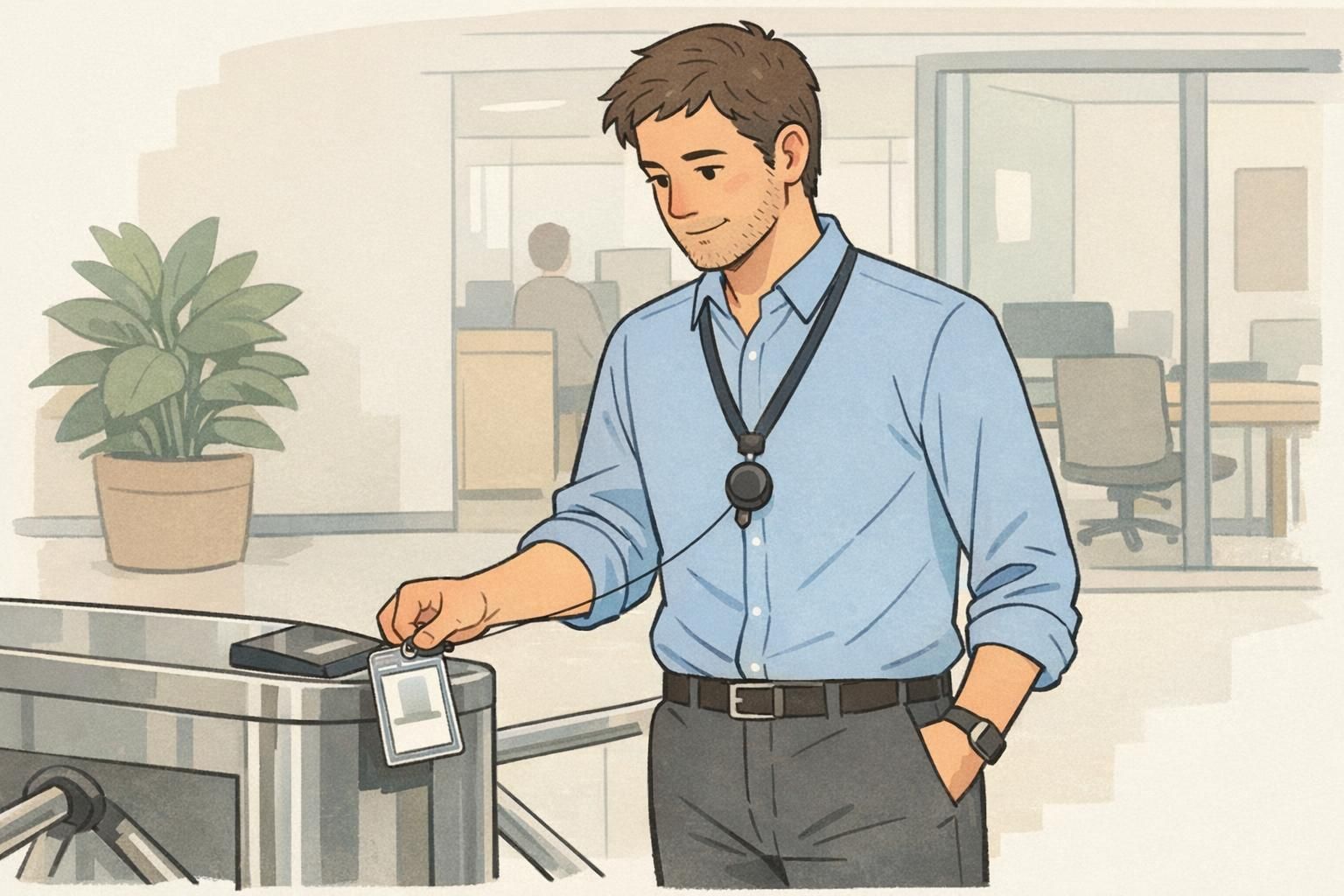 Office worker using a badge reel lanyard combo at a secure turnstile, extending the retractable cord from a chest-worn ID holder to the scanner.