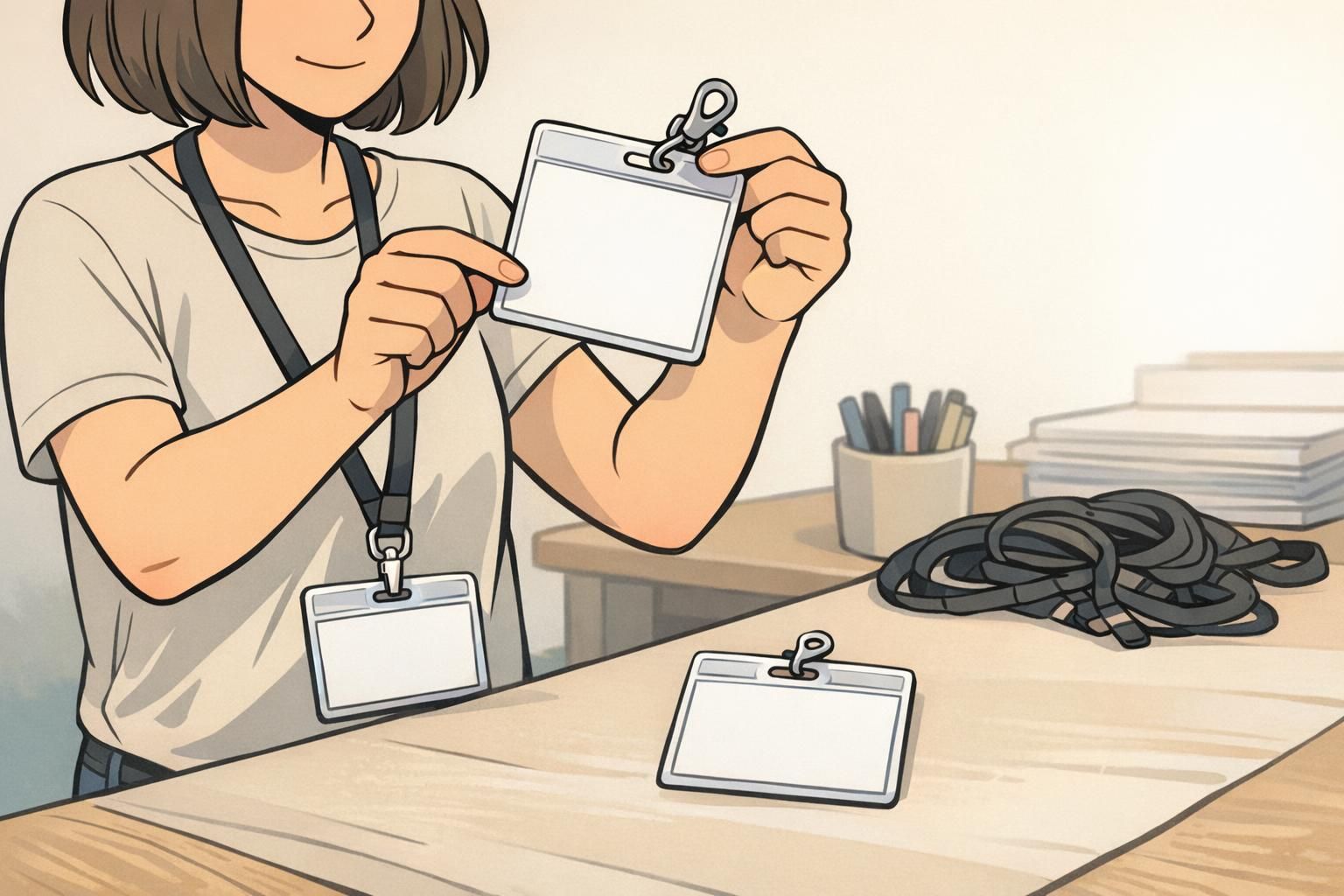 Event staff hold up a lanyard badge to check lanyard hole placement, showing how an off-center slot can cause a slight tilt compared to a second badge on the table.