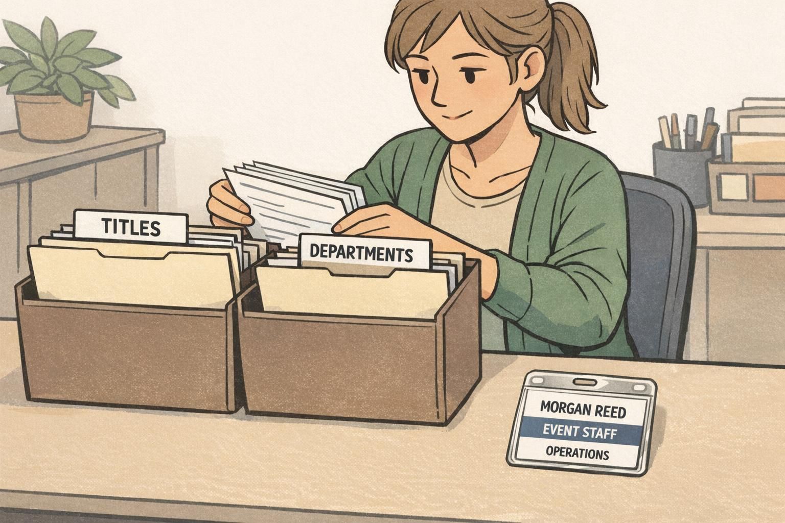 Coordinator organizes titles and department labels to support badge consistency across events.