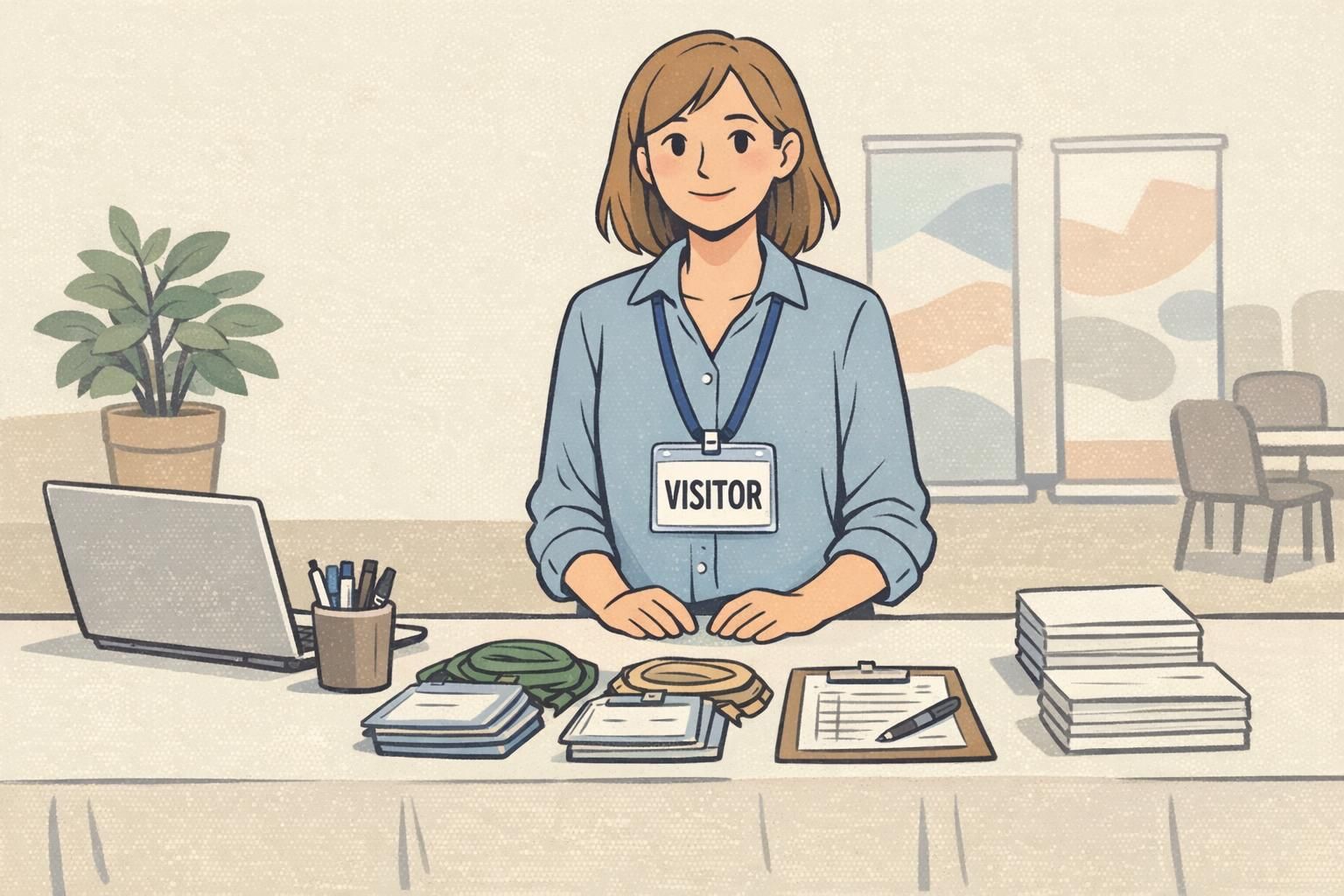 At a conference check-in table, a staff member wears a neck lanyard with a clear holder and a centered visitor badge for high visibility.