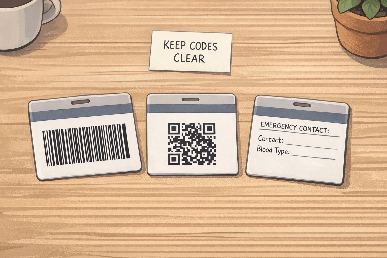 Three sample card backs show a barcode, a QR code, and a short instruction block, demonstrating a double sided ID approach with clear scan space.