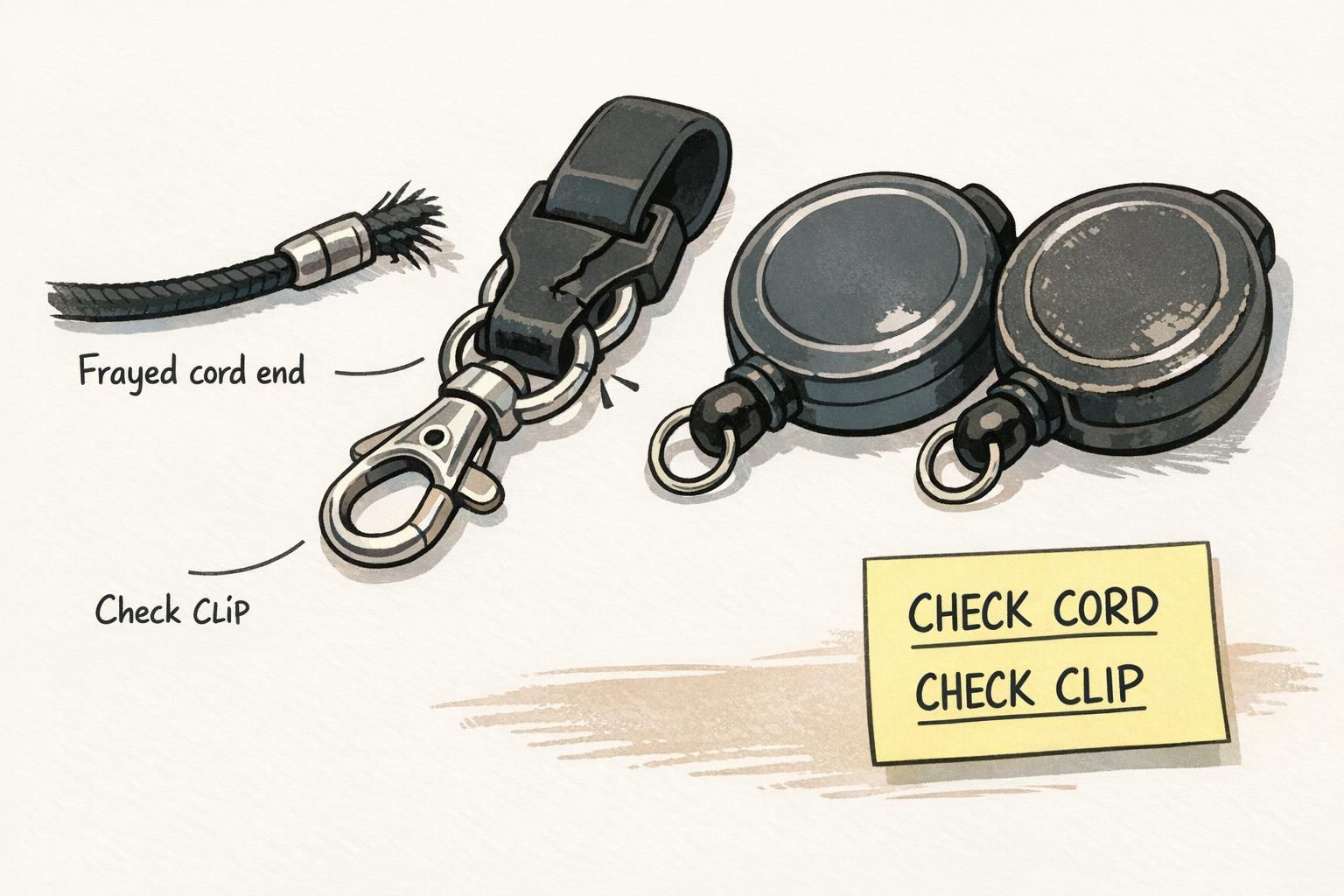 Close-up of an ID reel showing common failure points, including a frayed retractable cord end and a cracked swivel clip near the badge attachment.