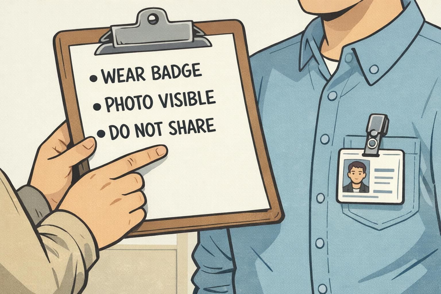 A supervisor reviews a quick-reference card of badge rules with an employee wearing a visible ID badge clipped to a shirt pocket.