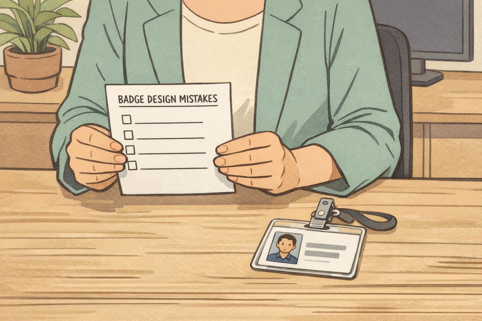 An office manager reviews a printed checklist next to a neatly placed ID badge on a clip, reinforcing badge best practices for consistent templates.