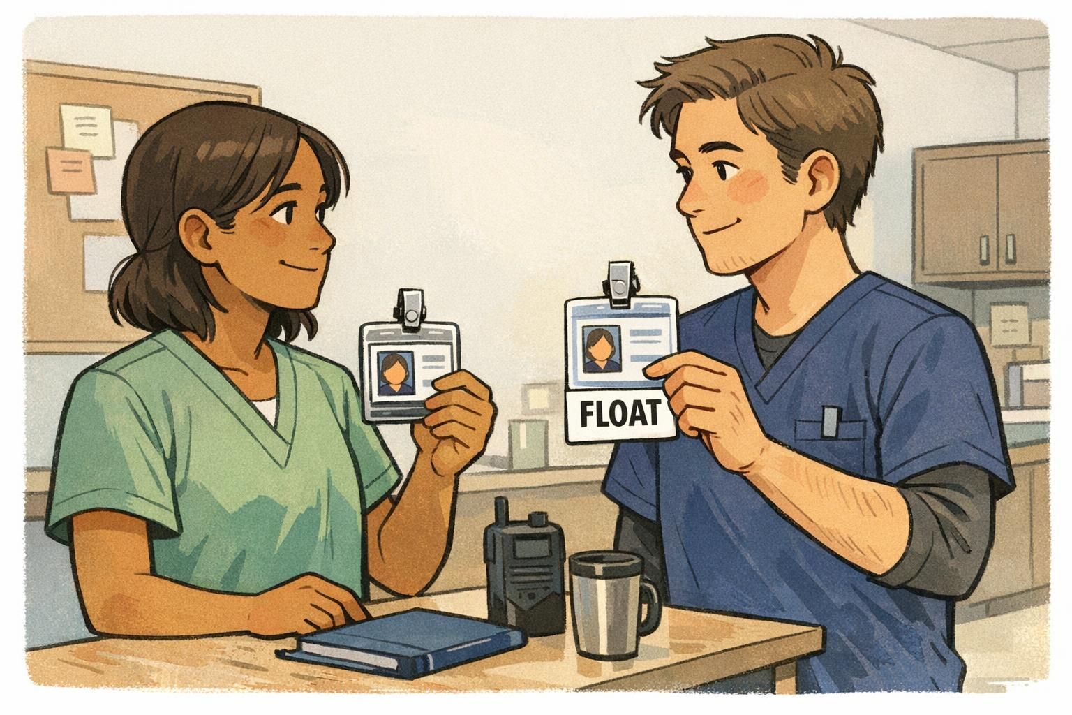 Two coworkers compare role kits, one with an ID badge and one with an ID badge stacked with a rigid badge buddy backing card.