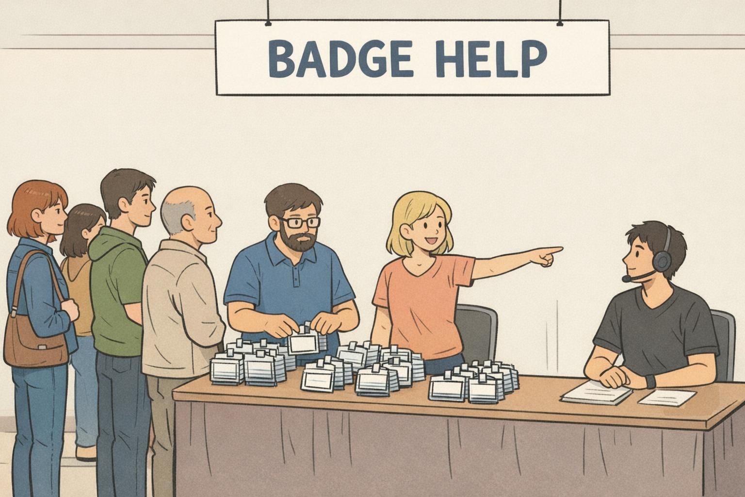 At an event registration table, staff direct attendees to a badge help lane and organize clipped badges in clear holders to prevent badge sharing.