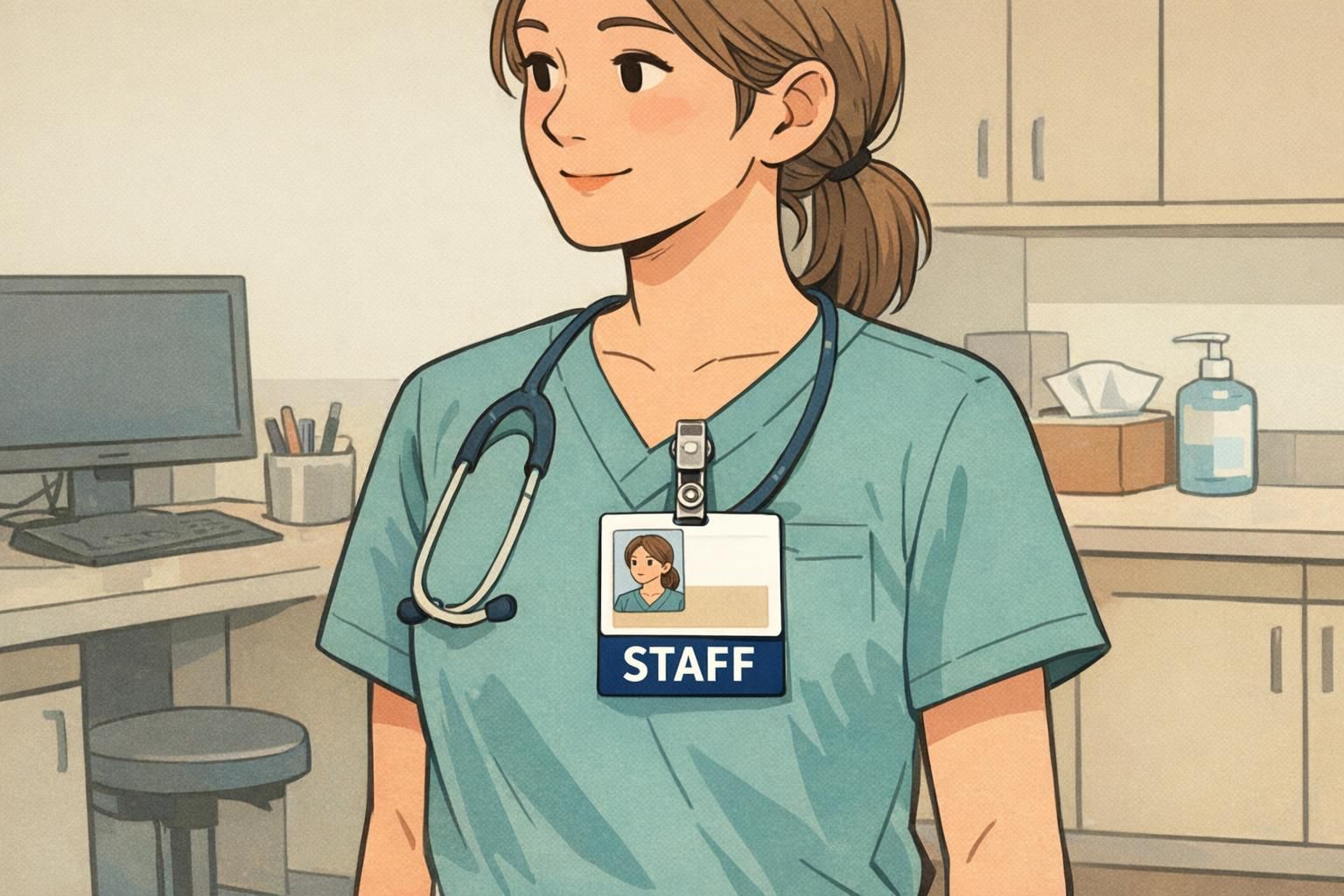 Nurse wearing a clean ID badge stacked with a rigid badge buddy to display status while keeping the ID a readable badge with name and photo.
