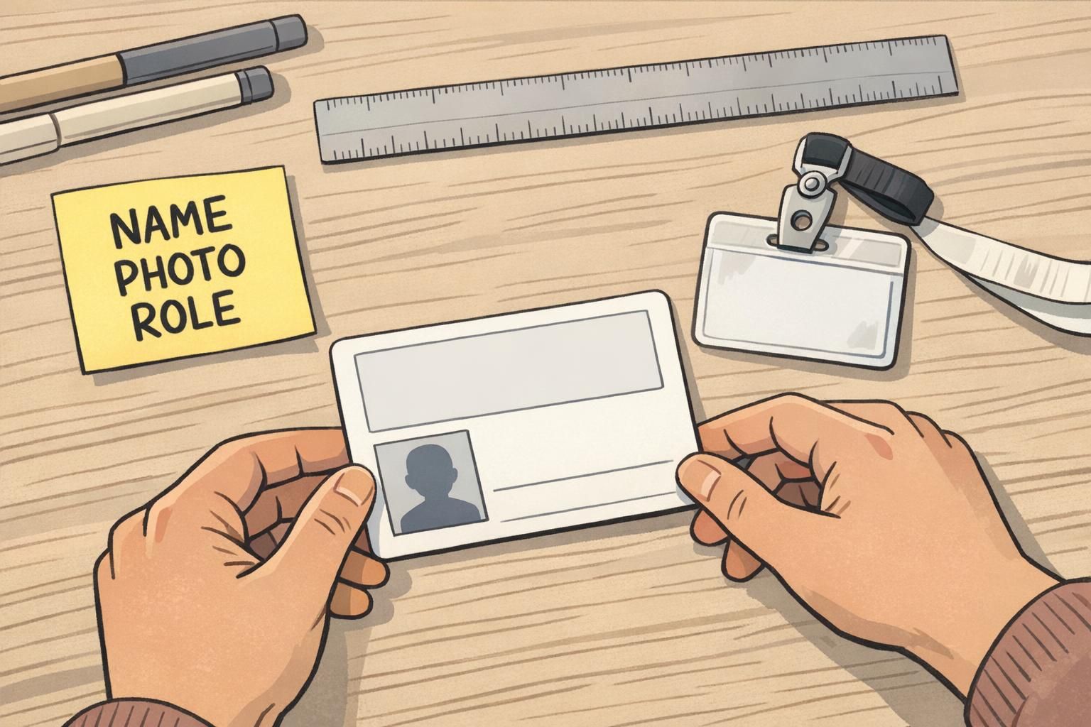 Close-up of hands arranging a clean ID card mockup with a large name block, photo block, and small role line to prioritize badge information.