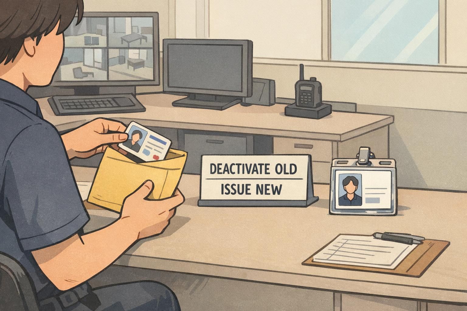 In a security office, an admin deactivates an old credential and prepares a new replacement badge, placing the old card into an envelope.