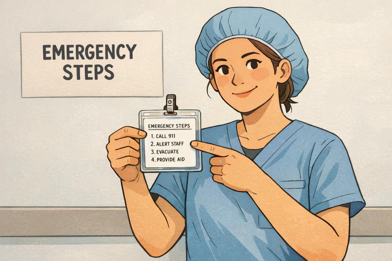 A healthcare worker points to brief emergency steps printed on the back of an ID badge, formatted as short lines for fast reference.