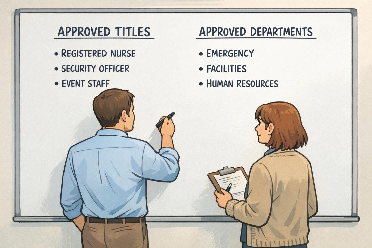 A manager and HR coordinator write an approved list of titles and department labels on a whiteboard to prevent inconsistent badge wording.