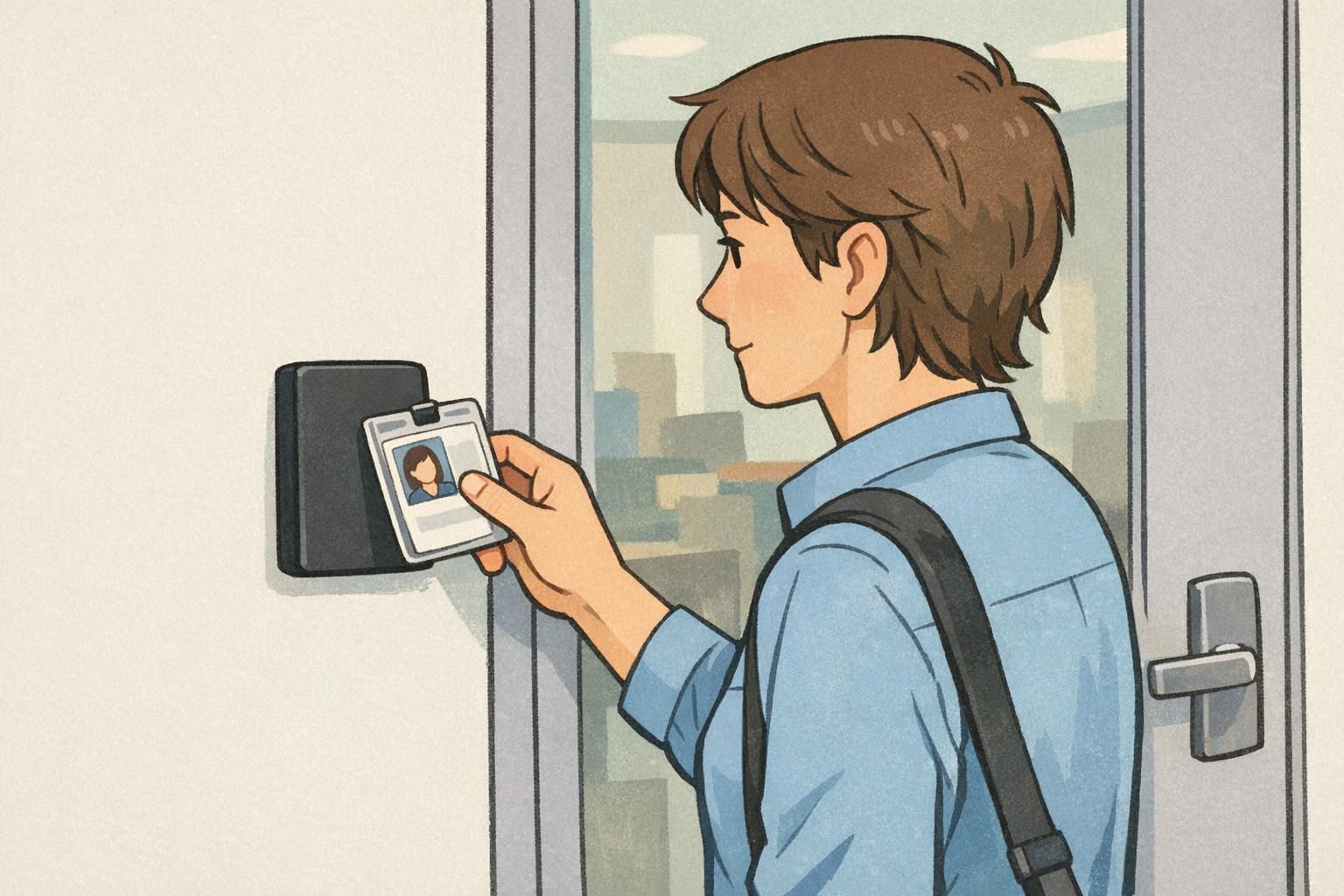 An employee holds an ID badge in a rigid badge holder close to a plain door reader, illustrating hands-free scan positioning.