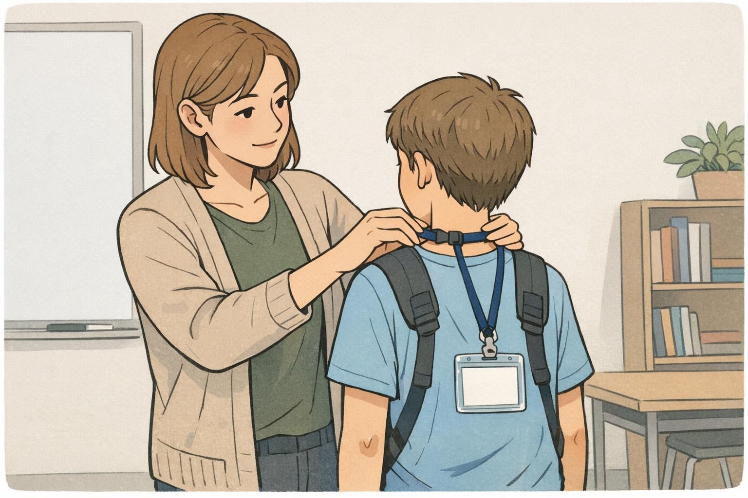 Teacher adjusting school lanyards to a shorter length while showing the breakaway clasp and a clear ID holder for safer wear.