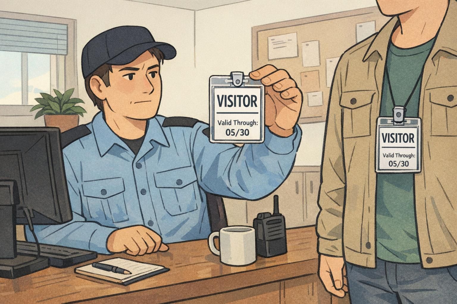 A security guard checks a visitor badge showing a clear expiration date to confirm short-term access at the desk.
