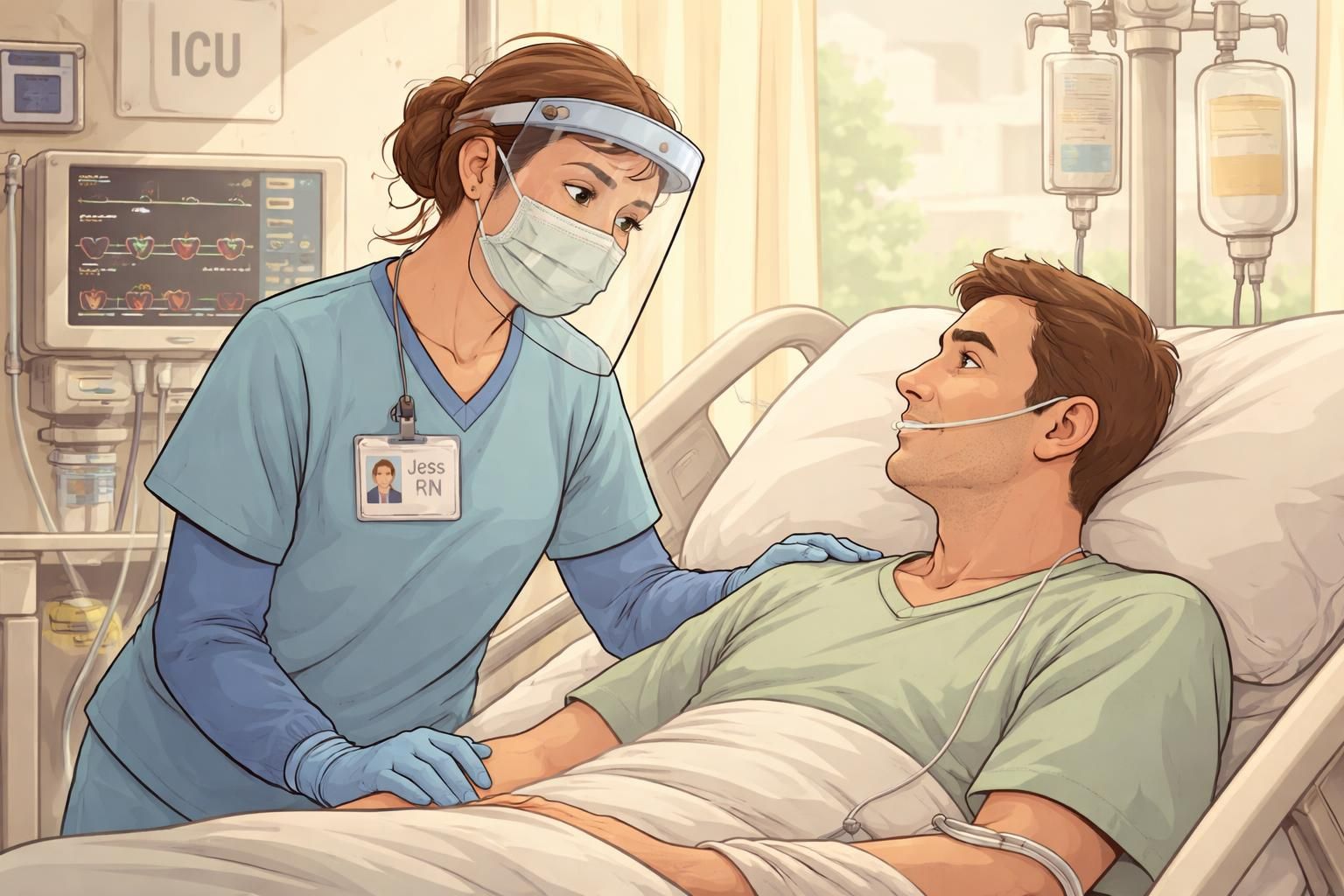 ICU bedside scene showing a clinician in mask and face shield speaking with a patient while wearing a large clear ID badge holder clipped high on the chest for visibility.