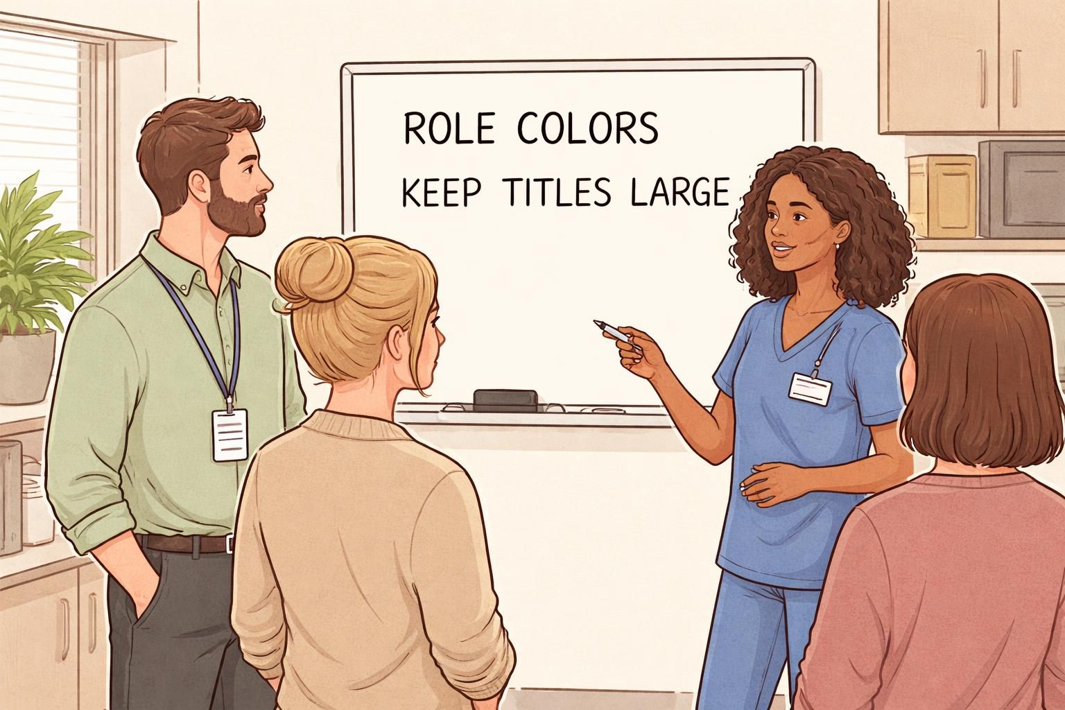 A clinician in PPE (mask and face shield) at a patient bedside introducing themselves, wearing a large photo ID in a rigid holder on a lanyard.