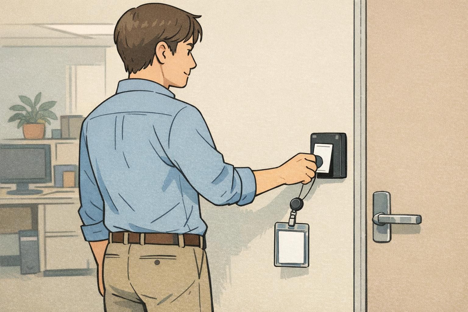 An employee taps a door access reader using a belt-line badge on a retractable reel, keeping the holder upright for quick scanning.