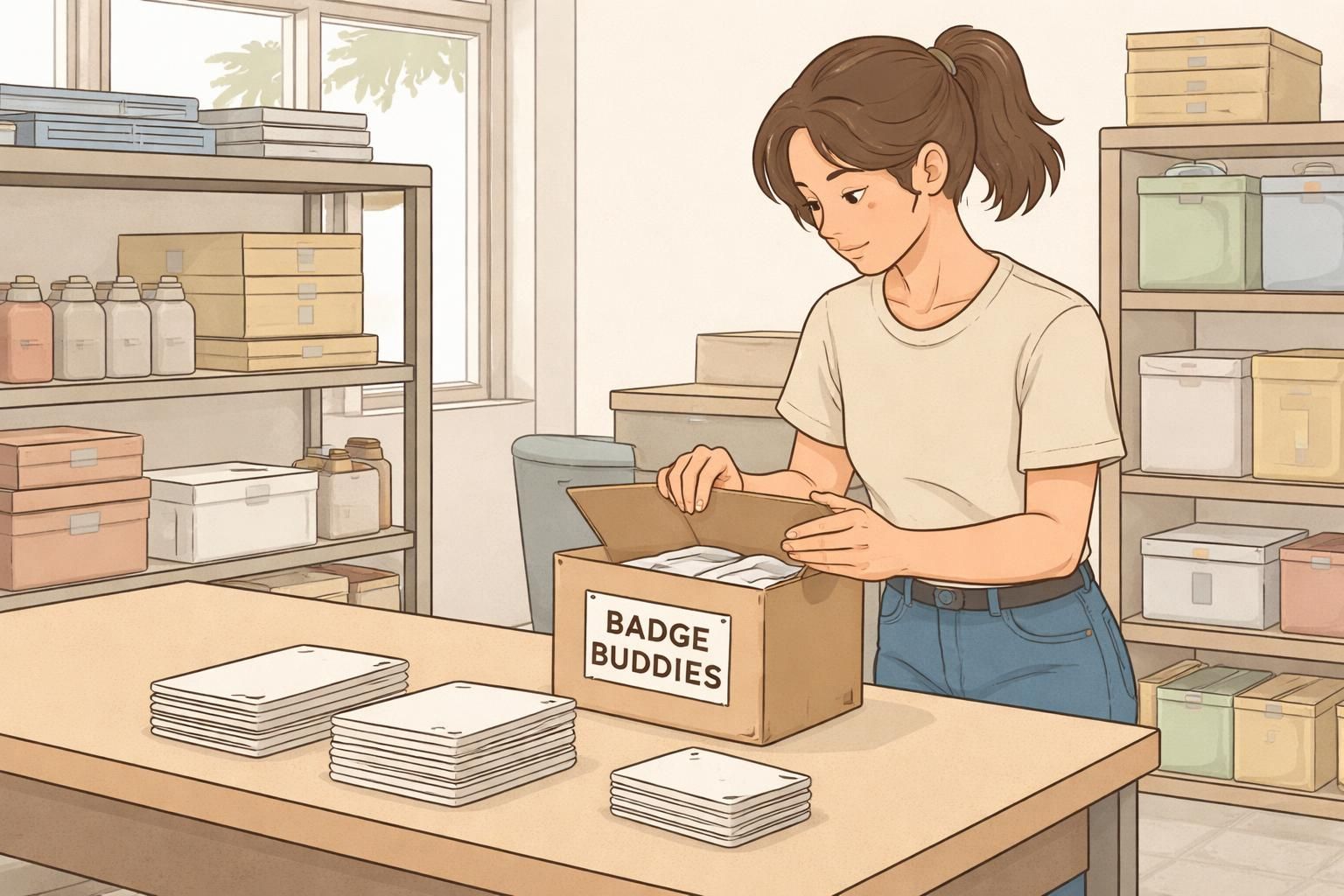 A supply-room view with a labeled box for badge buddies and neatly stacked rigid backing cards alongside a stack of blank ID cards.