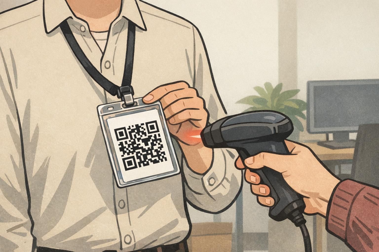 An employee presents the back of ID card in a clear holder while a colleague scans a high-contrast QR code for access or tracking.
