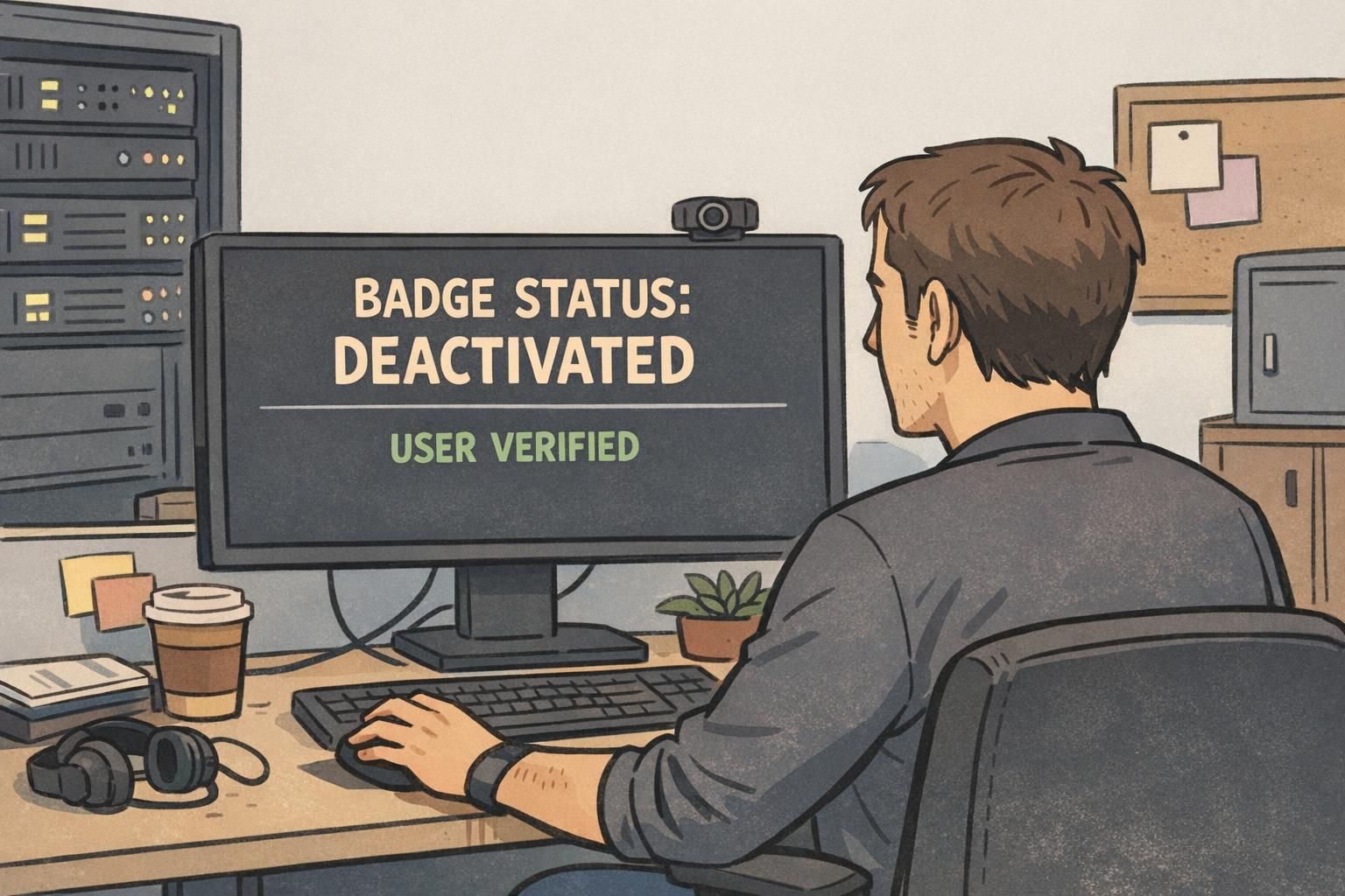A security team member at a computer deactivates an employee badge after they report missing badge details and identity is verified.