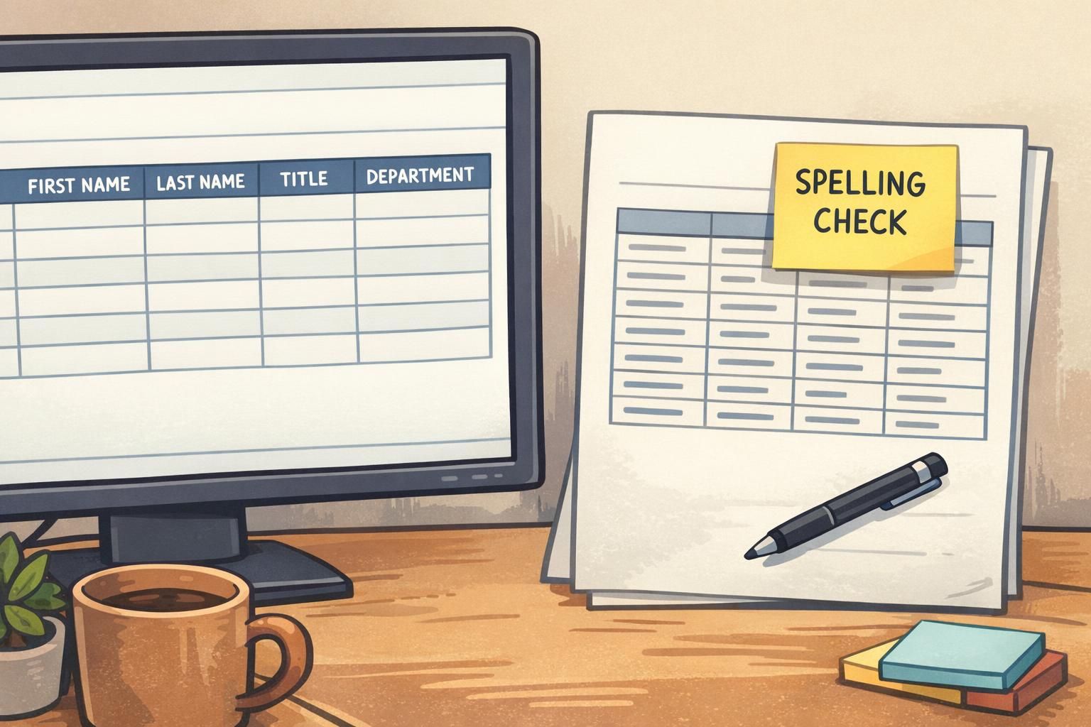 A roster spreadsheet on a monitor sits next to a printed proof sheet with a spelling check note, helping prevent errors in a bulk badge order list.