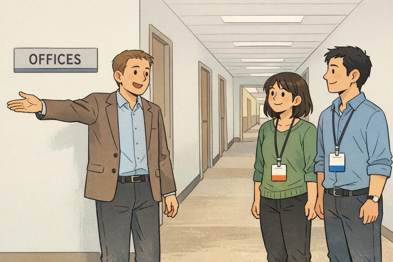 Office hallway scene with employees wearing ID badges featuring different colored bottom bars to signal team roles at a glance.