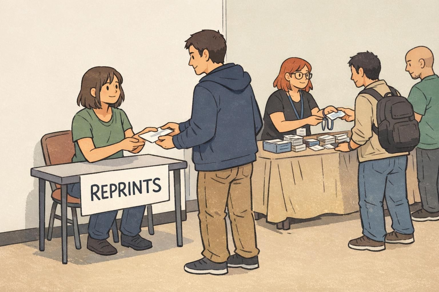 A dedicated reprint station off to the side helps fix badge issues while the main pickup line continues moving.