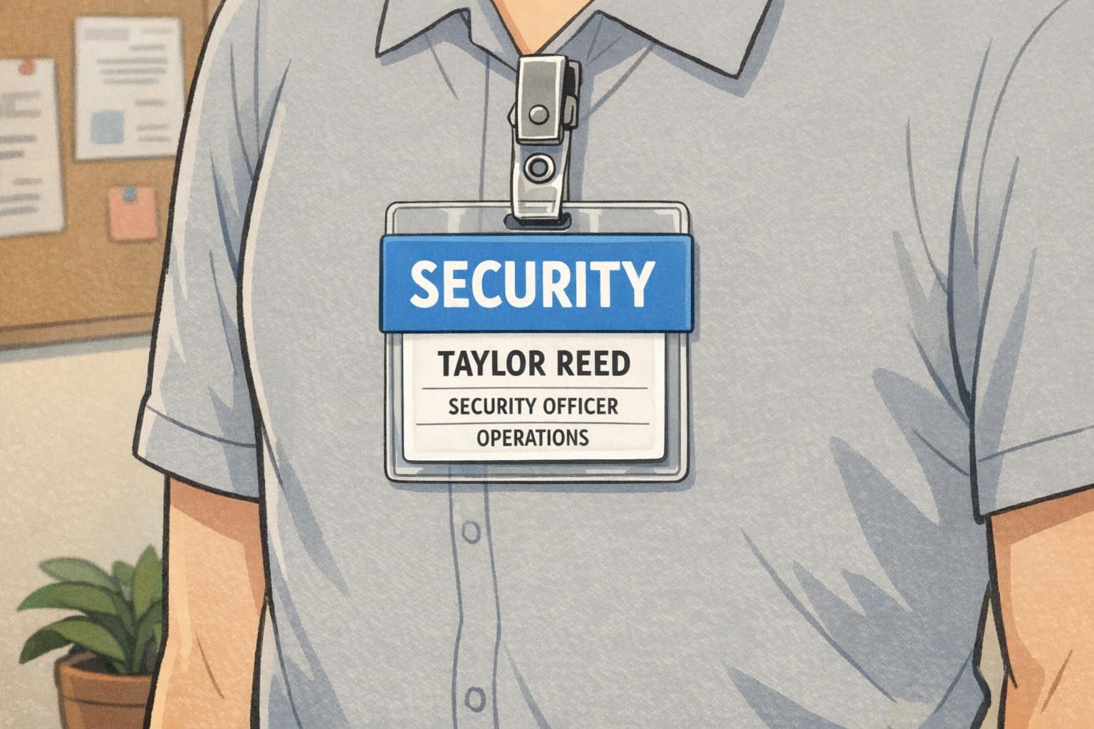 A staff member wears an ID badge stacked with a badge buddy behind it, showing a large role label above the standard name, title, and department lines.