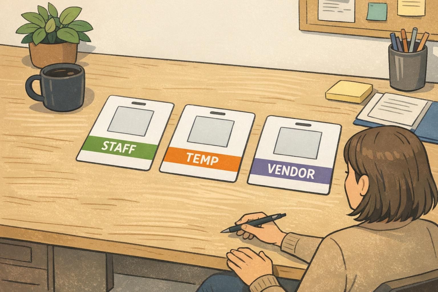 An HR staff member reviews three badge mockups that show employee badge types with clear category labels and color bars for easy sorting.