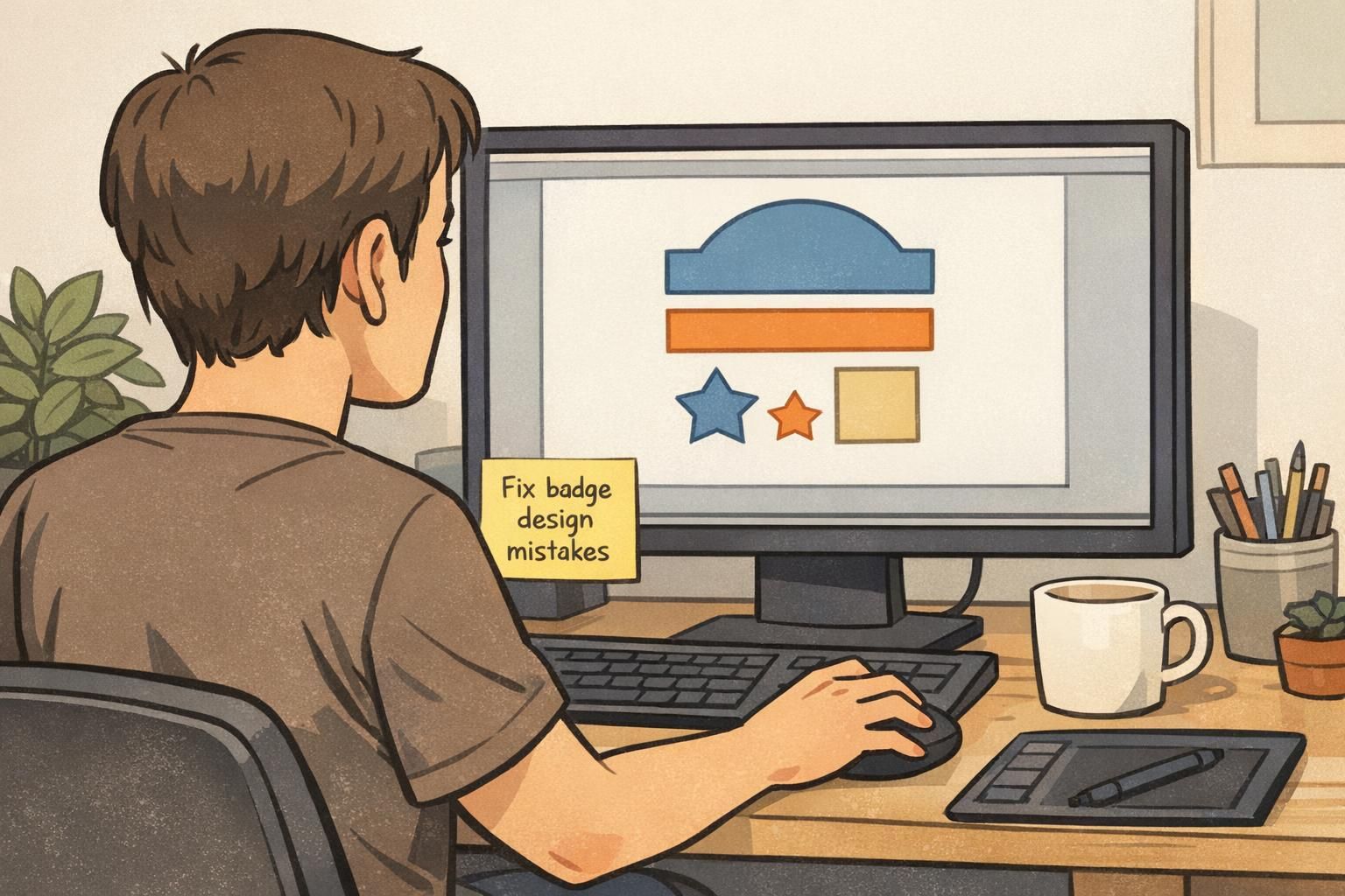 A designer adjusts a badge template on a computer screen with a reminder note, aligning the layout to reduce common badge errors over time.