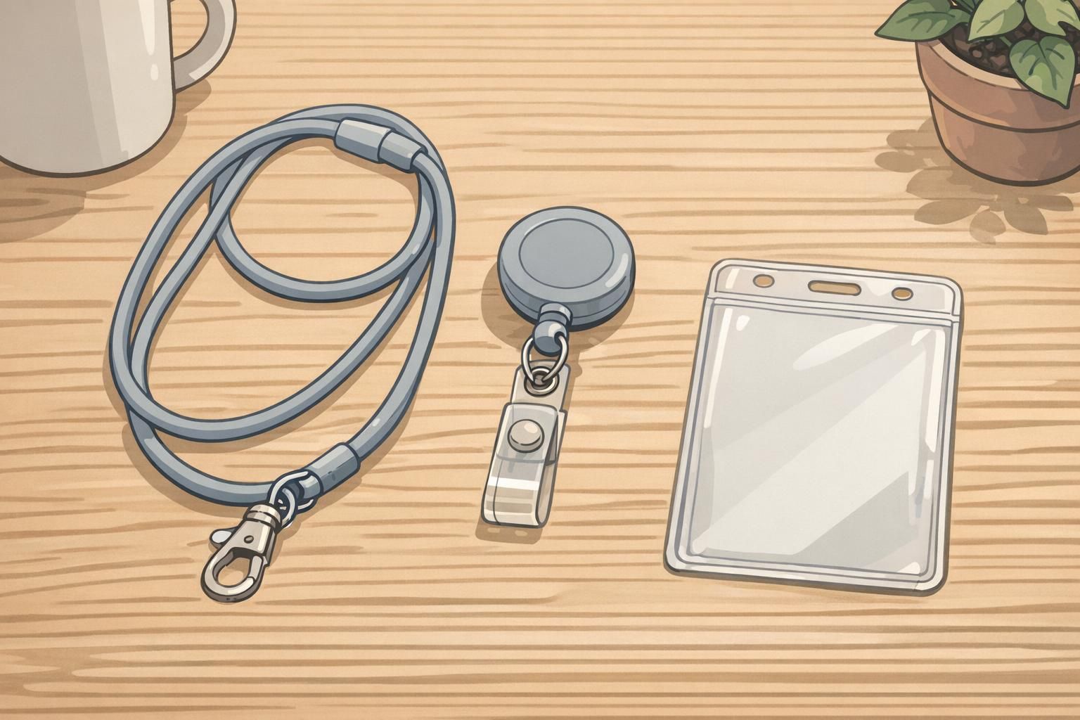 Tabletop layout of safe badge gear including a silicone breakaway lanyard, a retractable badge reel with clip, and a clear vertical ID holder.