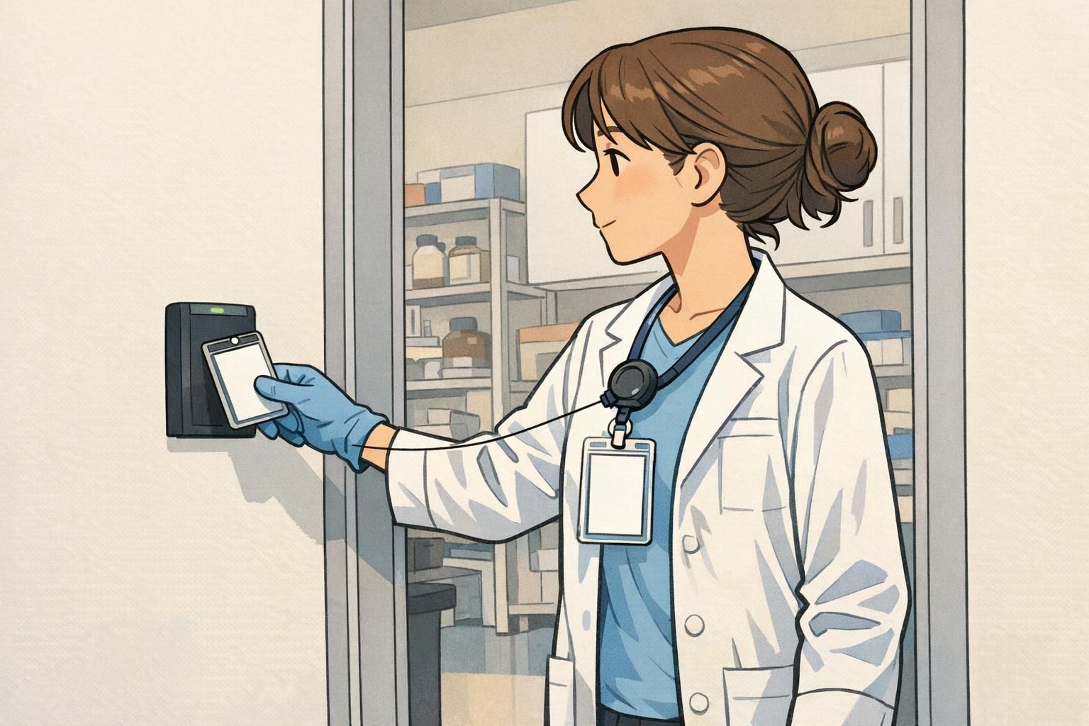 Gloved lab technician extending a retractable lanyard from a chest-worn ID holder to a doorway card reader for hands-busy access.