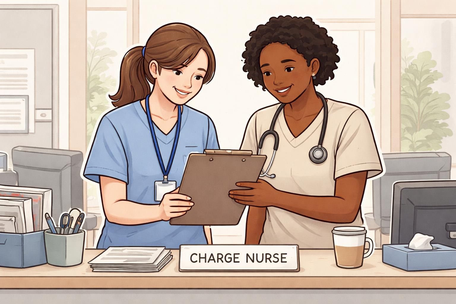 Two clinicians at a nurses' station reviewing a clipboard; one wears an ID on a lanyard and a nearby desk placard identifies the charge nurse area.