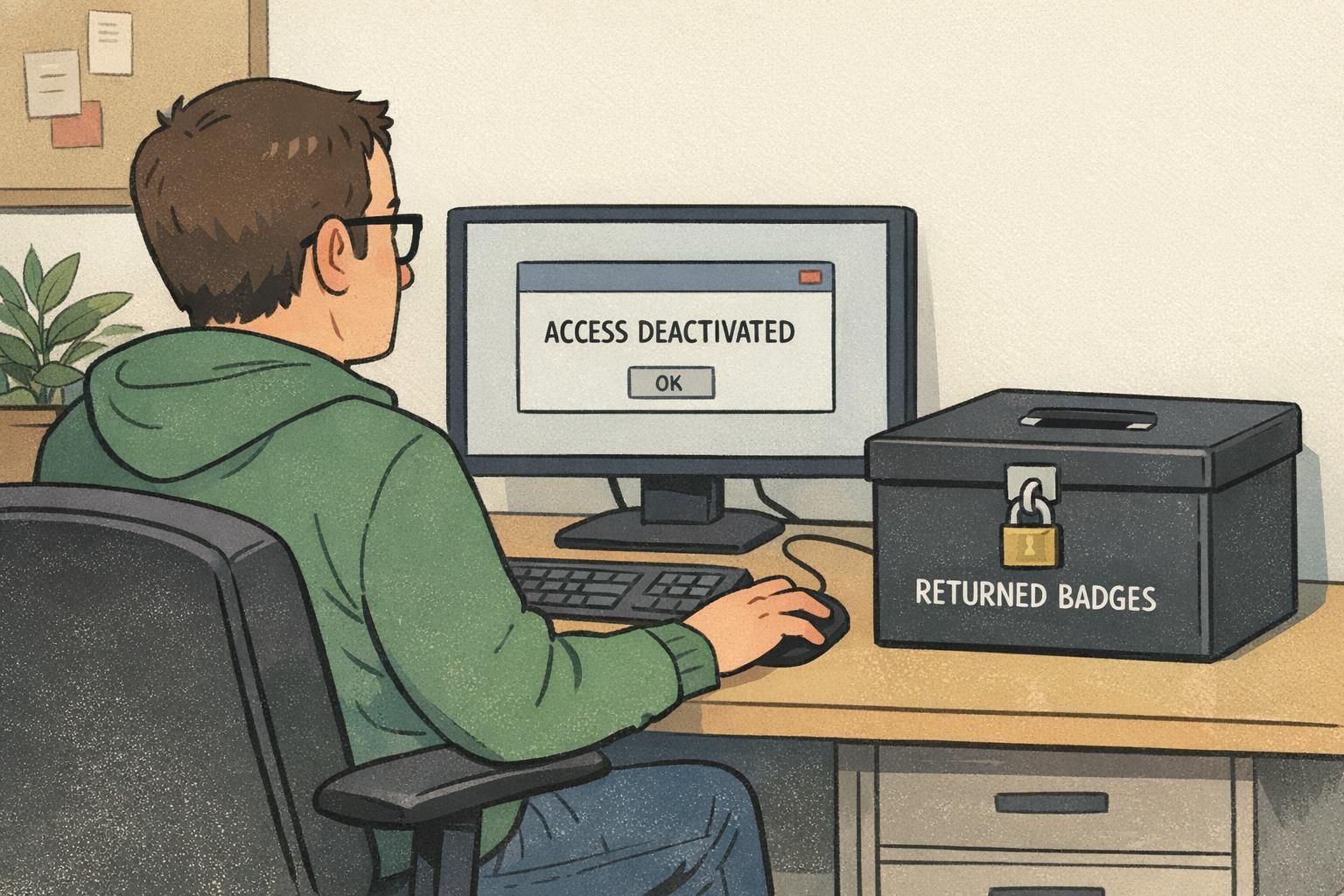 IT administrator confirms access deactivation while a locked bin stores returned badges.