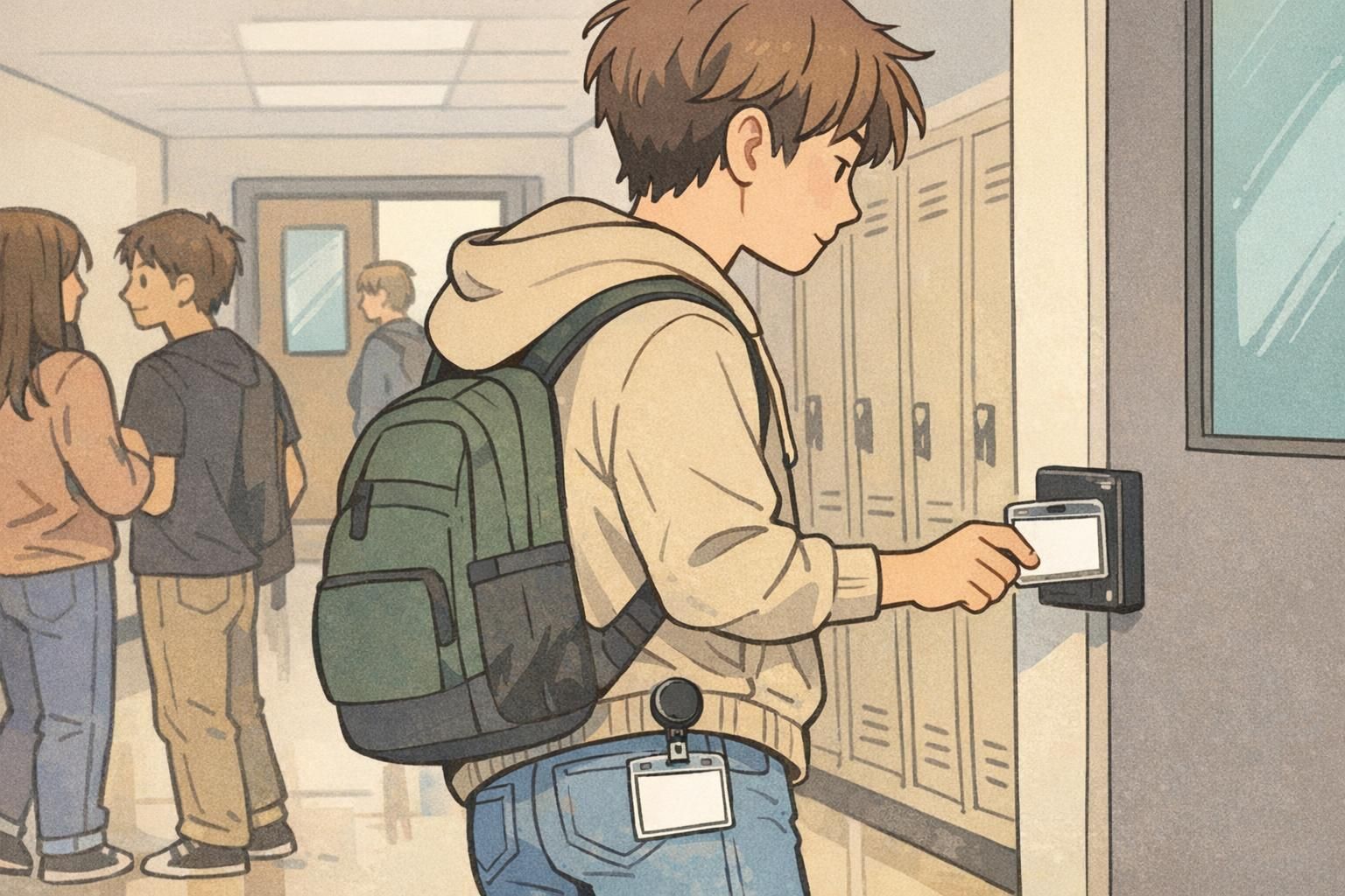 Middle school student using a retractable reel clipped at the waist to show an ID in a clear holder without it swinging.