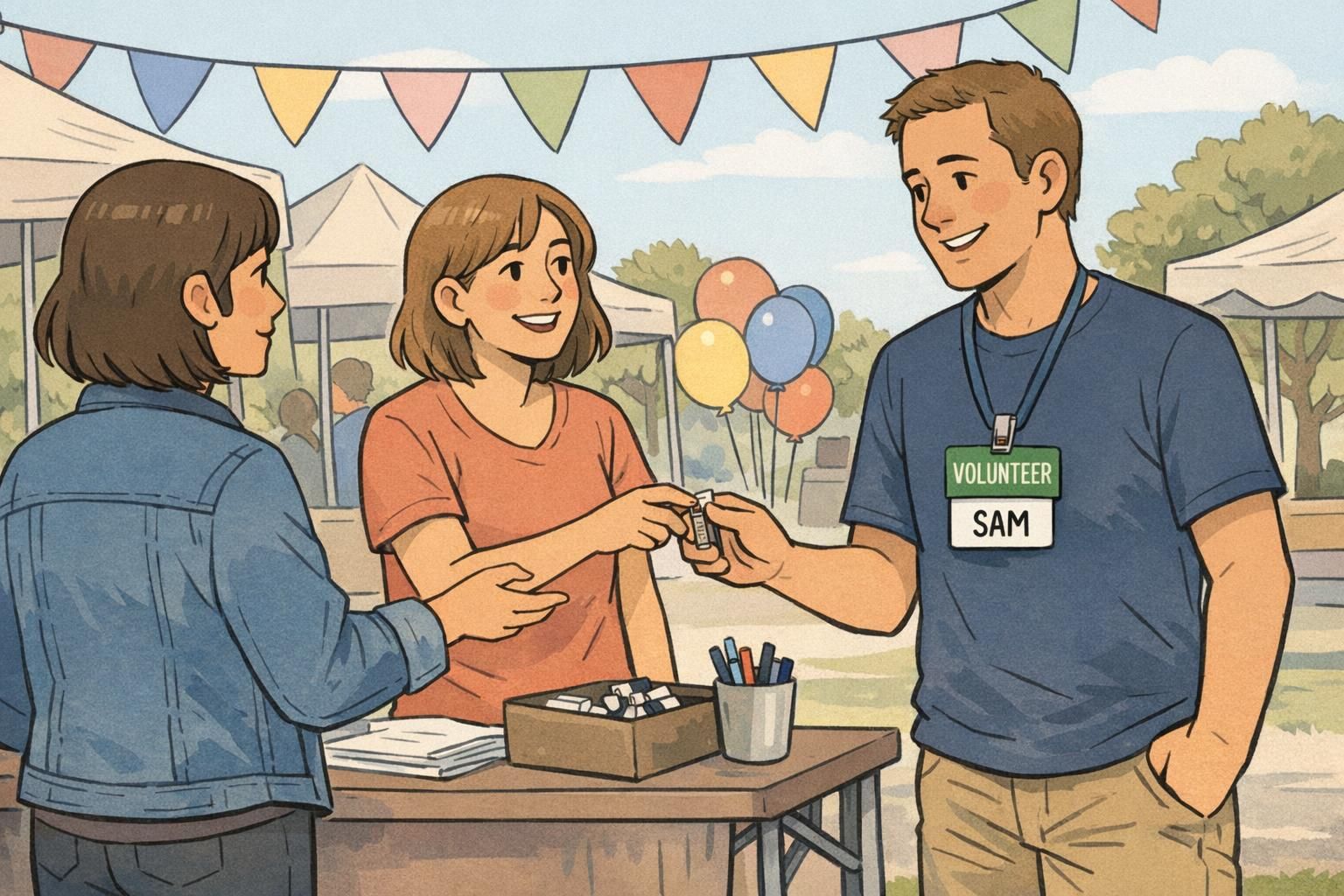 Outdoor school festival station where a coordinator hands out clipped badges, including a green VOLUNTEER badge buddy stacked behind an ID badge.