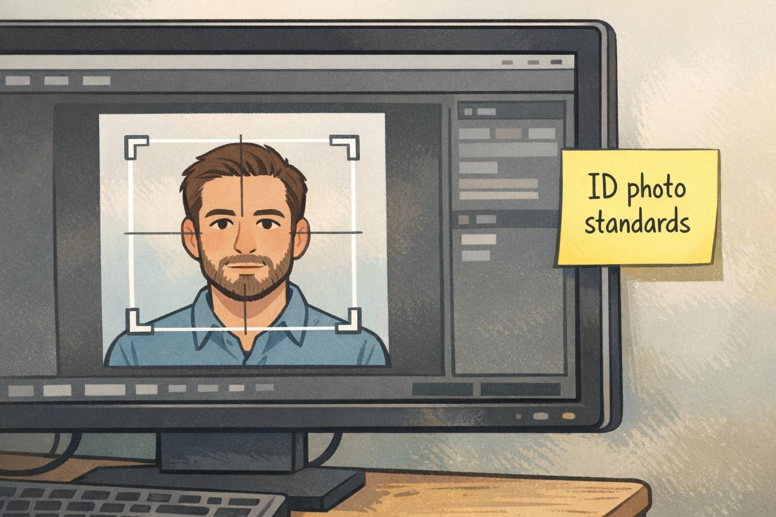 A computer monitor shows a centered head-and-shoulders crop box for a portrait, reinforcing ID photo standards for consistent framing and face size.