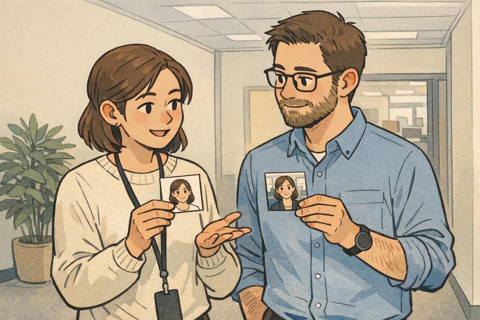 Two coworkers compare printed badge photo proofs showing a clean light background versus a busy office background to highlight clearer identification.