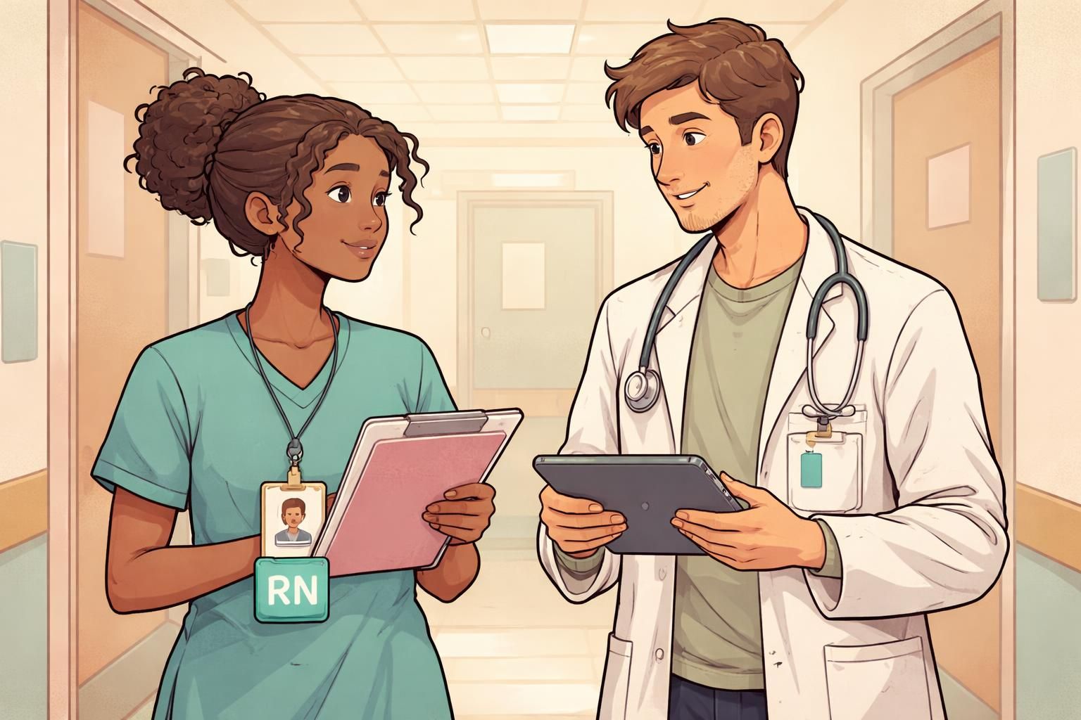 Two clinicians coordinate care while walking down a hospital corridor; one nurse wears a stacked vertical ID set with a light teal role card labeled RN for quick recognition.