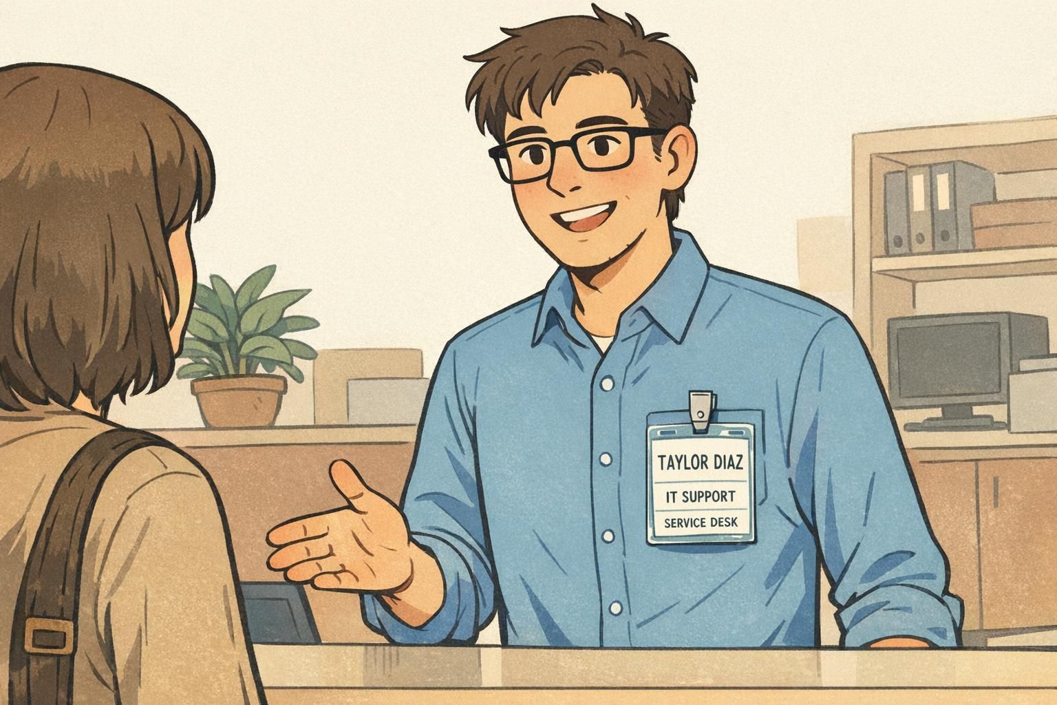 Receptionist badge displayed with clear job title on badge and department navigation line.