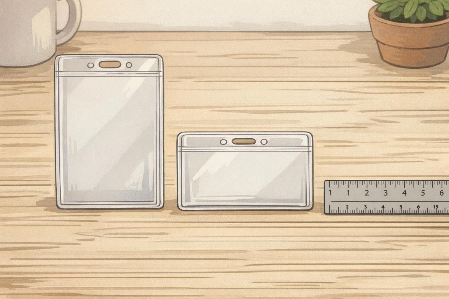 A vertical badge holder and a horizontal badge holder with centered top slots sit side by side next to a ruler to compare orientation and fit.
