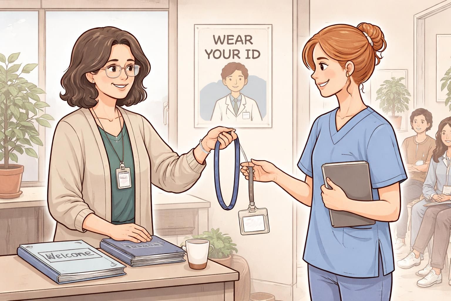 Staff orientation where an educator hands a new hire a lanyard and clear badge holder, highlighting the practice of wearing visible ID during onboarding.