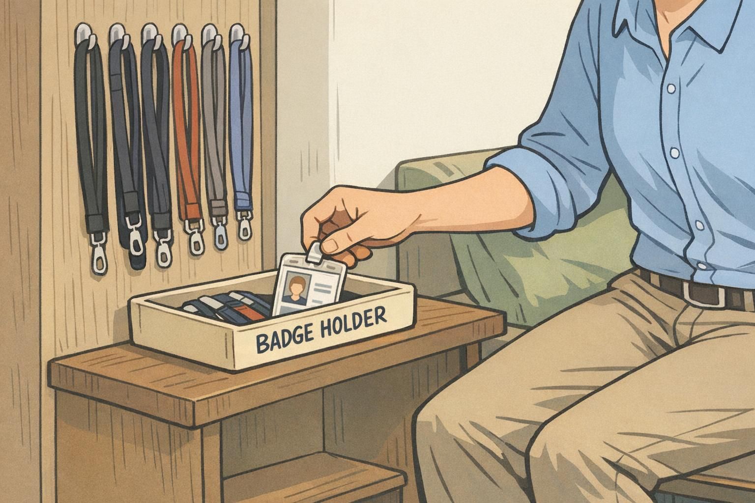 An employee places their ID and lanyard into a designated tray at an entryway to prevent another badge from going missing.